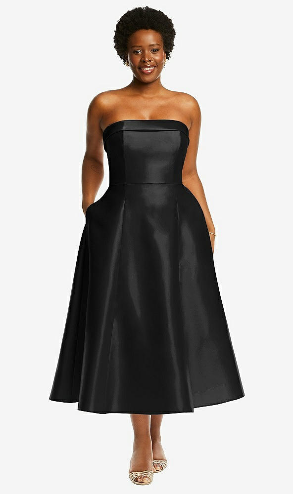 Front View - Black Cuffed Strapless Satin Twill Midi Dress with Full Skirt and Pockets