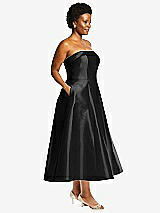 Side View Thumbnail - Black Cuffed Strapless Satin Twill Midi Dress with Full Skirt and Pockets