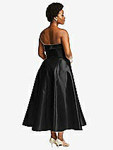 Rear View Thumbnail - Black Cuffed Strapless Satin Twill Midi Dress with Full Skirt and Pockets