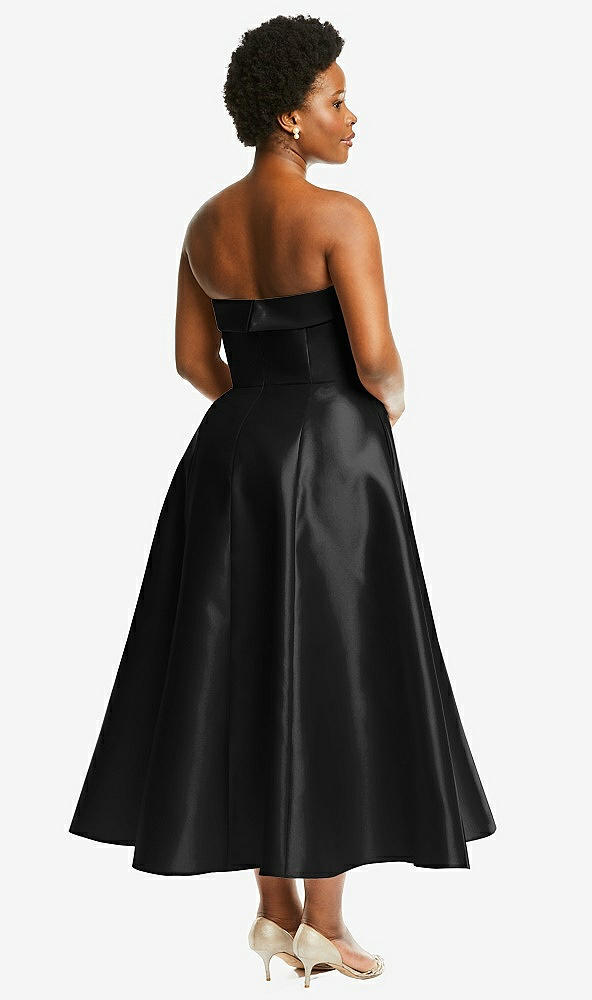 Back View - Black Cuffed Strapless Satin Twill Midi Dress with Full Skirt and Pockets