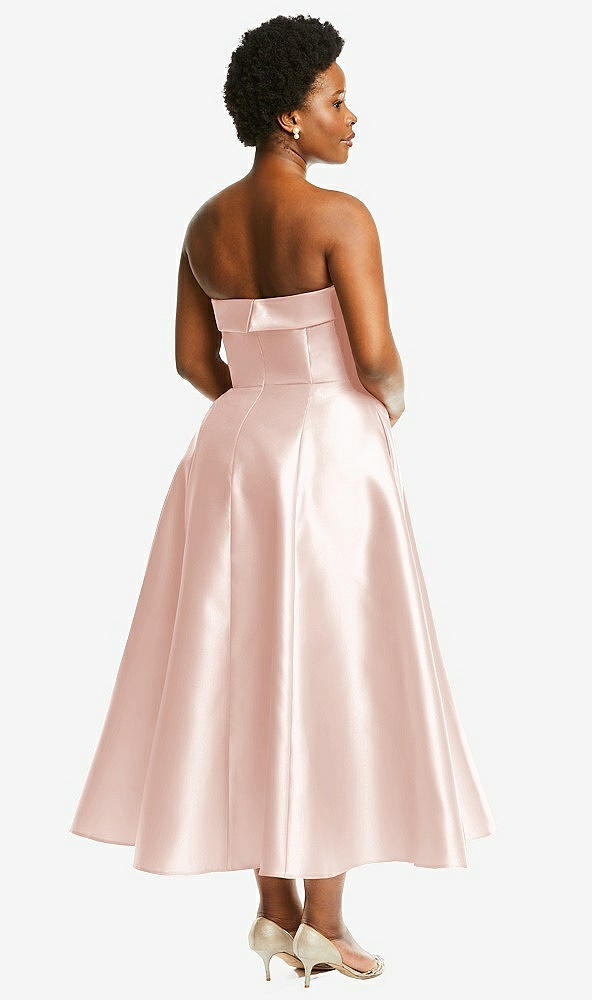 Back View - Blush Cuffed Strapless Satin Twill Midi Dress with Full Skirt and Pockets