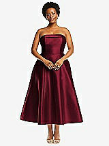 Alt View 1 Thumbnail - Burgundy Cuffed Strapless Satin Twill Midi Dress with Full Skirt and Pockets