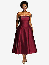 Front View Thumbnail - Burgundy Cuffed Strapless Satin Twill Midi Dress with Full Skirt and Pockets