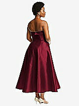 Rear View Thumbnail - Burgundy Cuffed Strapless Satin Twill Midi Dress with Full Skirt and Pockets