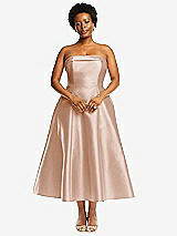 Alt View 1 Thumbnail - Cameo Cuffed Strapless Satin Twill Midi Dress with Full Skirt and Pockets