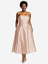 Front View Thumbnail - Cameo Cuffed Strapless Satin Twill Midi Dress with Full Skirt and Pockets