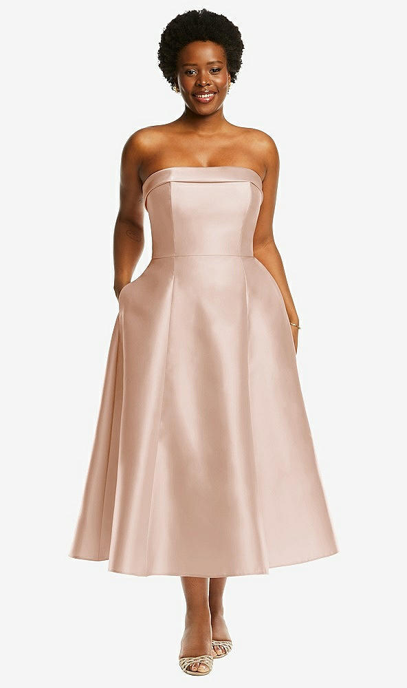 Front View - Cameo Cuffed Strapless Satin Twill Midi Dress with Full Skirt and Pockets
