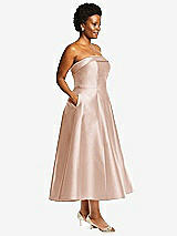 Side View Thumbnail - Cameo Cuffed Strapless Satin Twill Midi Dress with Full Skirt and Pockets