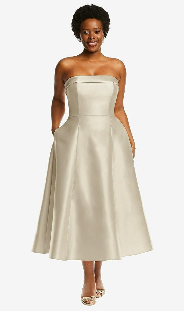 Front View - Champagne Cuffed Strapless Satin Twill Midi Dress with Full Skirt and Pockets