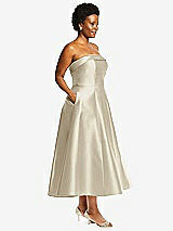 Side View Thumbnail - Champagne Cuffed Strapless Satin Twill Midi Dress with Full Skirt and Pockets