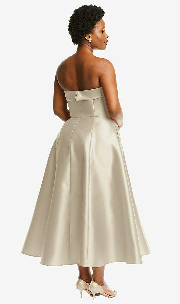 Back View - Champagne Cuffed Strapless Satin Twill Midi Dress with Full Skirt and Pockets