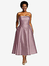 Front View Thumbnail - Dusty Rose Cuffed Strapless Satin Twill Midi Dress with Full Skirt and Pockets