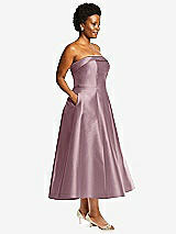 Side View Thumbnail - Dusty Rose Cuffed Strapless Satin Twill Midi Dress with Full Skirt and Pockets
