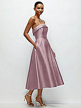 Rear View Thumbnail - Dusty Rose Cuffed Strapless Satin Twill Midi Dress with Full Skirt and Pockets