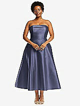 Alt View 1 Thumbnail - French Blue Cuffed Strapless Satin Twill Midi Dress with Full Skirt and Pockets