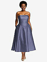 Front View Thumbnail - French Blue Cuffed Strapless Satin Twill Midi Dress with Full Skirt and Pockets