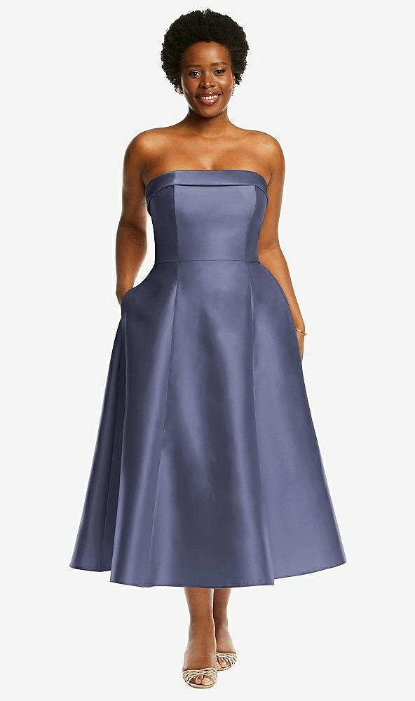 Front View - French Blue Cuffed Strapless Satin Twill Midi Dress with Full Skirt and Pockets