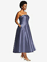 Side View Thumbnail - French Blue Cuffed Strapless Satin Twill Midi Dress with Full Skirt and Pockets