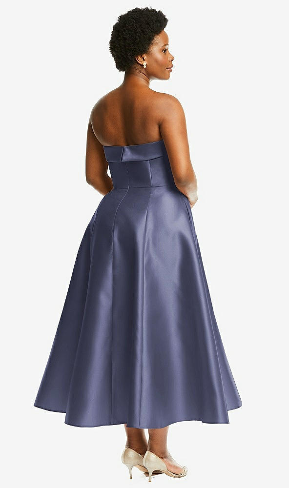 Back View - French Blue Cuffed Strapless Satin Twill Midi Dress with Full Skirt and Pockets