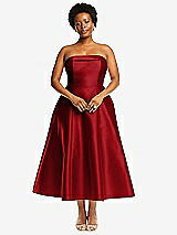Alt View 1 Thumbnail - Garnet Cuffed Strapless Satin Twill Midi Dress with Full Skirt and Pockets