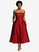 Front View Thumbnail - Garnet Cuffed Strapless Satin Twill Midi Dress with Full Skirt and Pockets