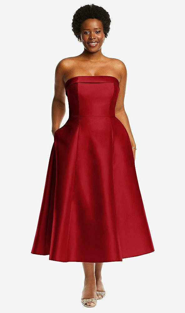 Front View - Garnet Cuffed Strapless Satin Twill Midi Dress with Full Skirt and Pockets