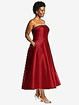 Side View Thumbnail - Garnet Cuffed Strapless Satin Twill Midi Dress with Full Skirt and Pockets