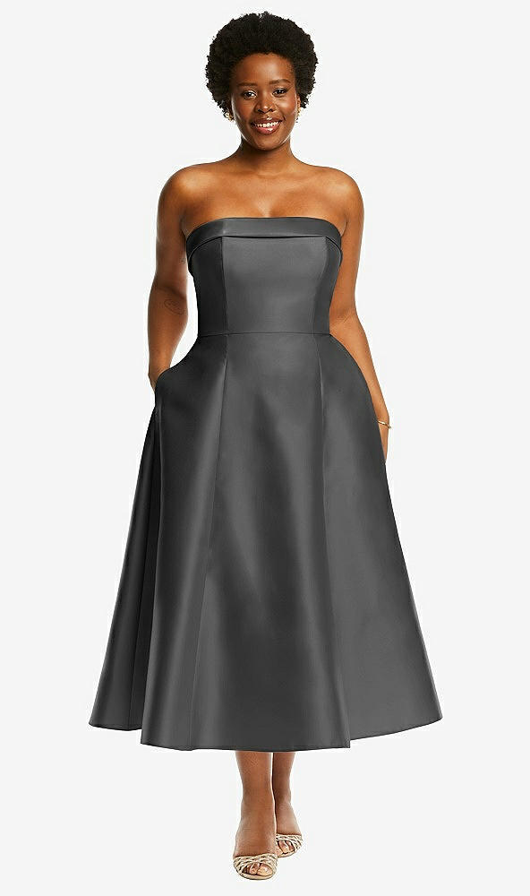 Front View - Gunmetal Cuffed Strapless Satin Twill Midi Dress with Full Skirt and Pockets
