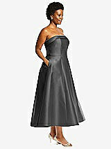 Side View Thumbnail - Gunmetal Cuffed Strapless Satin Twill Midi Dress with Full Skirt and Pockets