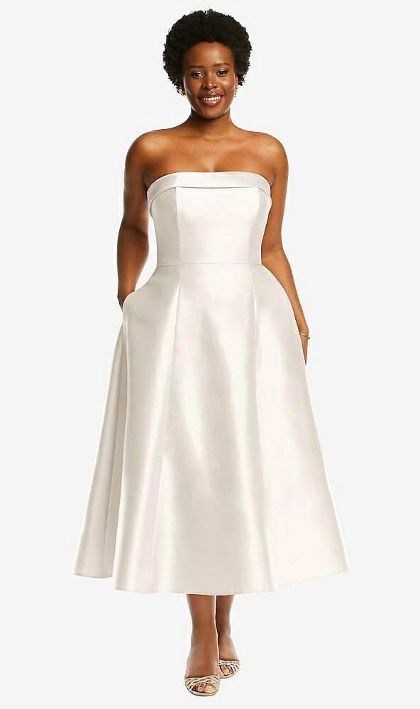 Front View - Ivory Cuffed Strapless Satin Twill Midi Dress with Full Skirt and Pockets