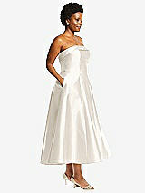 Side View Thumbnail - Ivory Cuffed Strapless Satin Twill Midi Dress with Full Skirt and Pockets