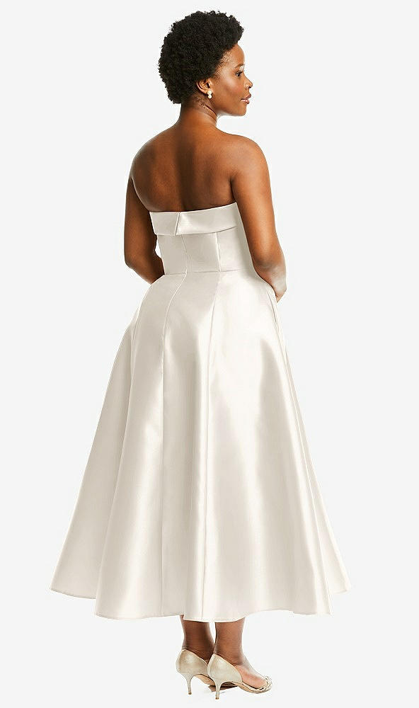 Back View - Ivory Cuffed Strapless Satin Twill Midi Dress with Full Skirt and Pockets