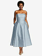 Front View Thumbnail - Mist Cuffed Strapless Satin Twill Midi Dress with Full Skirt and Pockets