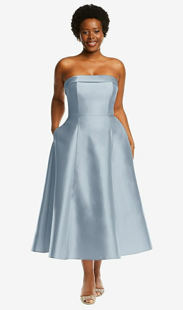 Front View - Mist Cuffed Strapless Satin Twill Midi Dress with Full Skirt and Pockets
