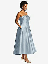 Side View Thumbnail - Mist Cuffed Strapless Satin Twill Midi Dress with Full Skirt and Pockets
