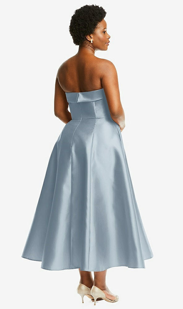 Back View - Mist Cuffed Strapless Satin Twill Midi Dress with Full Skirt and Pockets