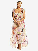Alt View 1 Thumbnail - Penelope Floral Print Convertible Deep Ruffle Hem High Low Floral Organdy Dress with Scarf-Tie Straps