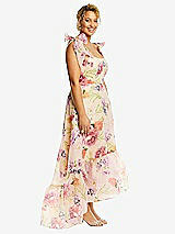 Alt View 2 Thumbnail - Penelope Floral Print Convertible Deep Ruffle Hem High Low Floral Organdy Dress with Scarf-Tie Straps
