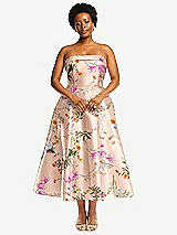 Alt View 1 Thumbnail - Butterfly Botanica Pink Sand Cuffed Strapless Floral Satin Twill Midi Dress with Full Skirt and Pockets