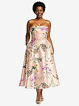 Front View Thumbnail - Butterfly Botanica Pink Sand Cuffed Strapless Floral Satin Twill Midi Dress with Full Skirt and Pockets