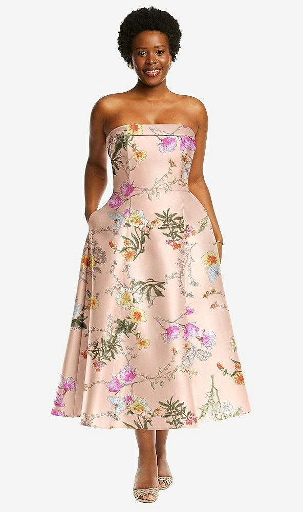 Front View - Butterfly Botanica Pink Sand Cuffed Strapless Floral Satin Twill Midi Dress with Full Skirt and Pockets
