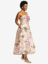 Side View Thumbnail - Butterfly Botanica Pink Sand Cuffed Strapless Floral Satin Twill Midi Dress with Full Skirt and Pockets