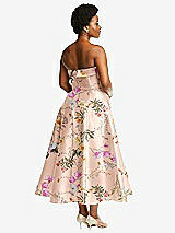 Rear View Thumbnail - Butterfly Botanica Pink Sand Cuffed Strapless Floral Satin Twill Midi Dress with Full Skirt and Pockets