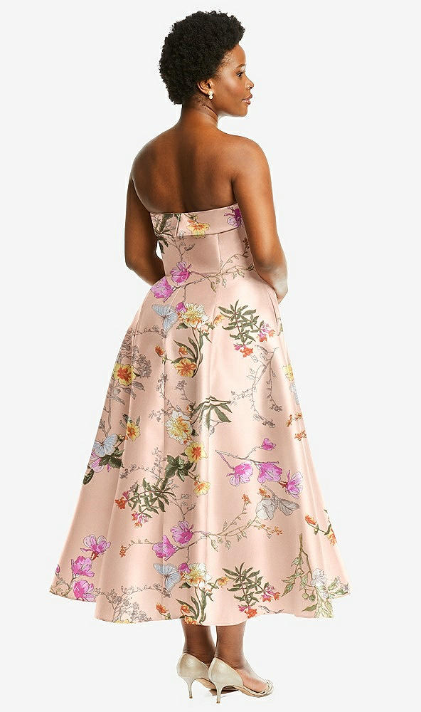 Back View - Butterfly Botanica Pink Sand Cuffed Strapless Floral Satin Twill Midi Dress with Full Skirt and Pockets