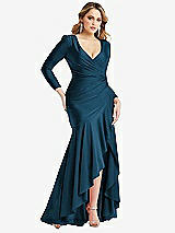 Front View Thumbnail - Atlantic Blue Long Sleeve Pleated Wrap Ruffled High Low Stretch Satin Gown