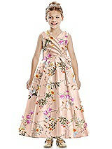 Front View Thumbnail - Butterfly Botanica Pink Sand Floral Faux Wrap Pleated Skirt Satin Flower Girl Dress with Bow