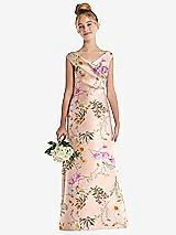 Front View Thumbnail - Butterfly Botanica Pink Sand Floral Off-the-Shoulder Draped Wrap Satin Junior Bridesmaid Dress