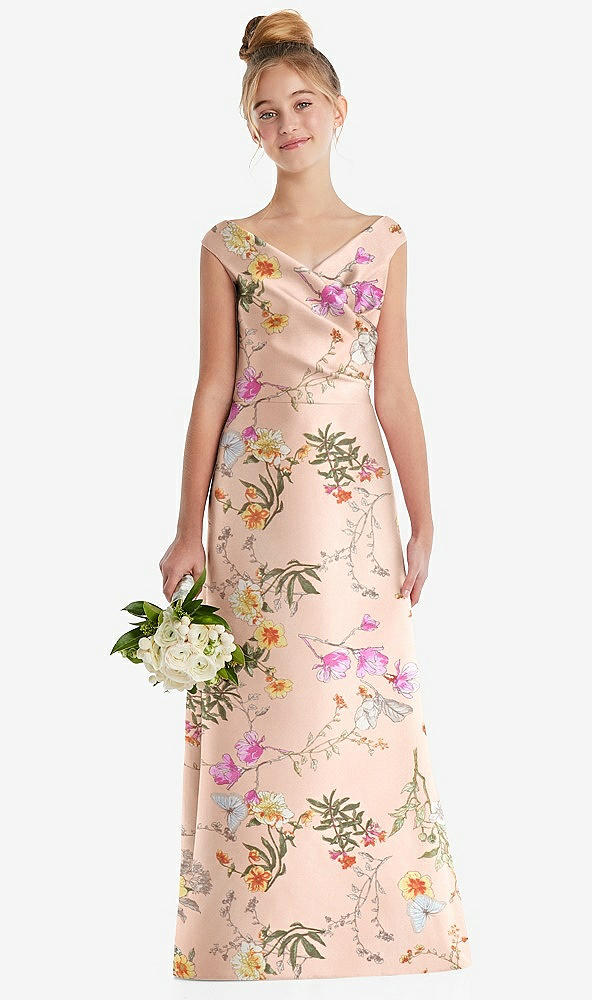 Front View - Butterfly Botanica Pink Sand Floral Off-the-Shoulder Draped Wrap Satin Junior Bridesmaid Dress
