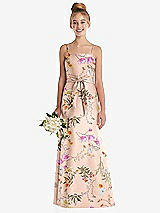 Front View Thumbnail - Butterfly Botanica Pink Sand Floral A-Line Satin Junior Bridesmaid Dress with Mini Sash