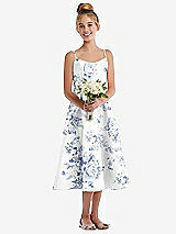Front View Thumbnail - Cottage Rose Larkspur Adjustable Spaghetti Strap Floral Satin Midi Junior Bridesmaid Dress
